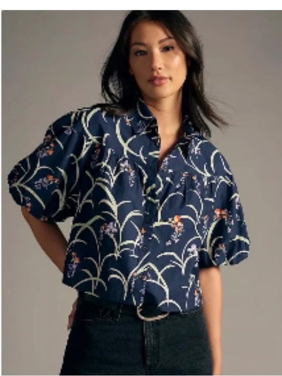 Anthropologie Tops - Anthropologie Maeve The Zooey Bubble-Sleeve floral Blouse navy button medium